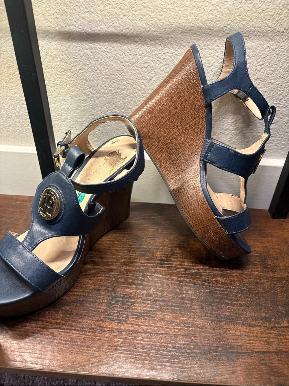 TKEES Navy Leather Platform Sandals with Gold Logo Medallion